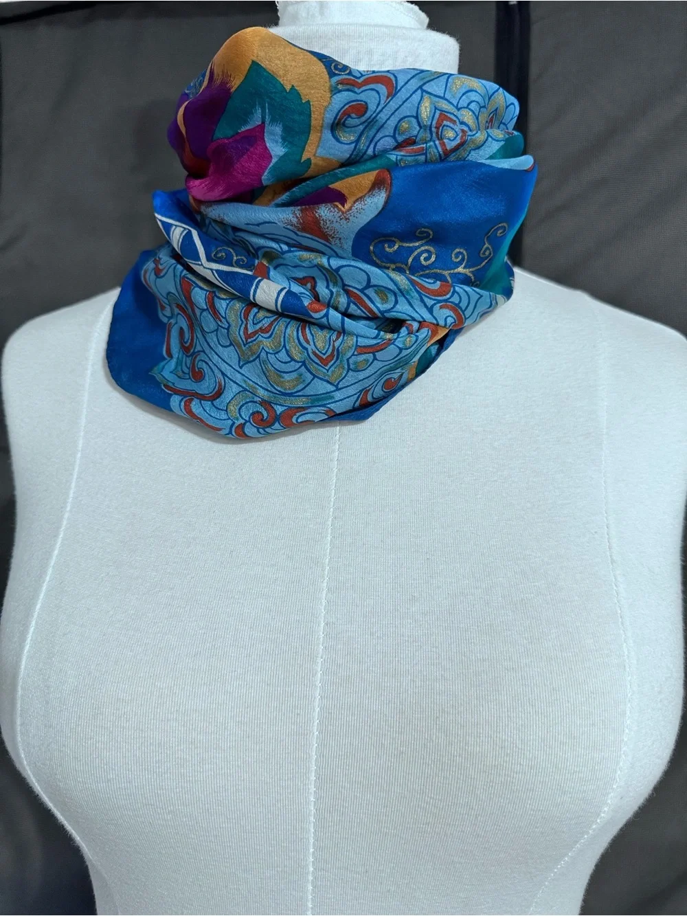 Silk Floral Print Blue & Pink Neck Scarf